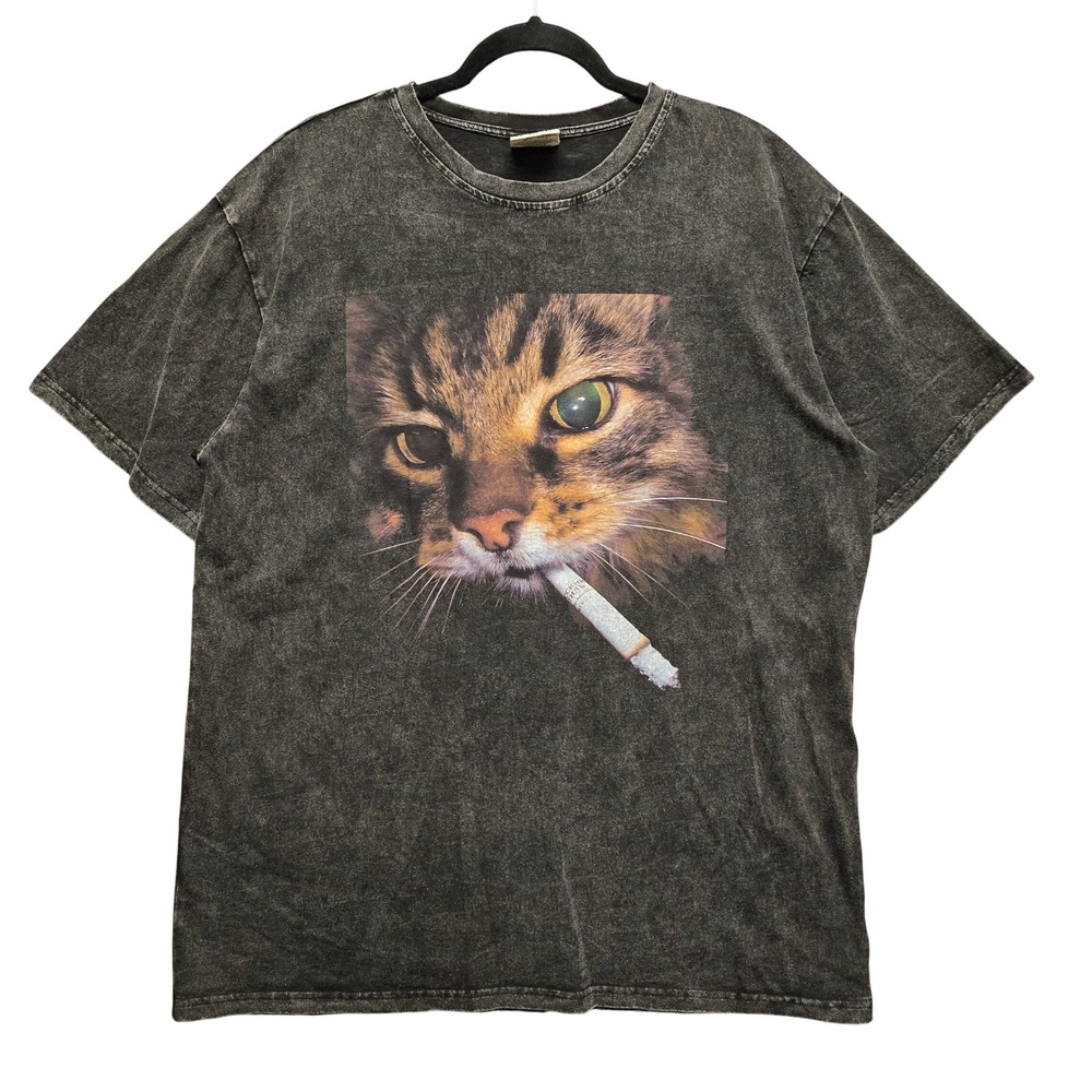 Comfort Colors Smoking Cat Graphic T-Shirt XL Gray Acid Wash Heavyweight Cotton